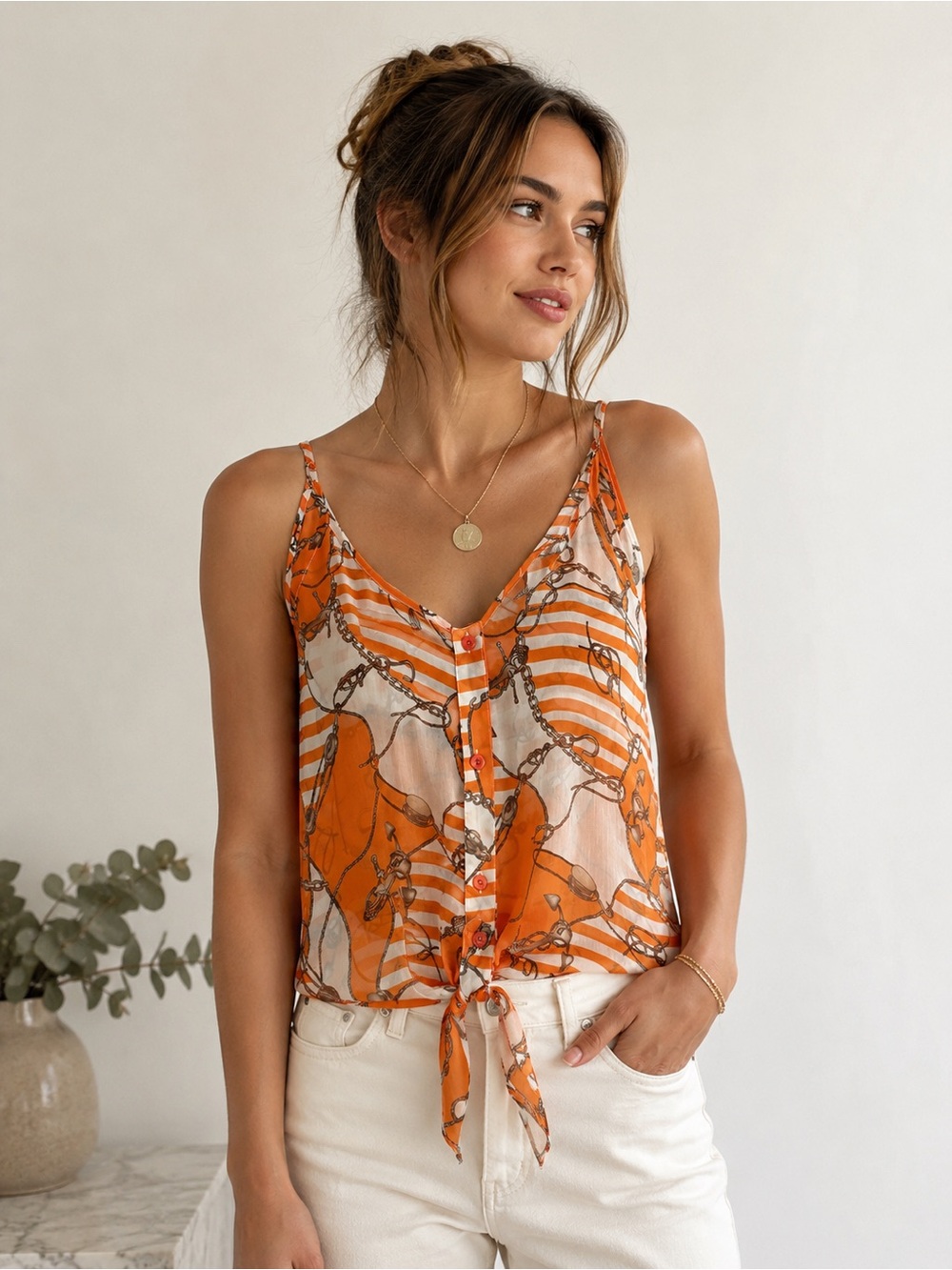 Sans Souci Orange and White Striped Equestrian-Print Tie-Front Cami